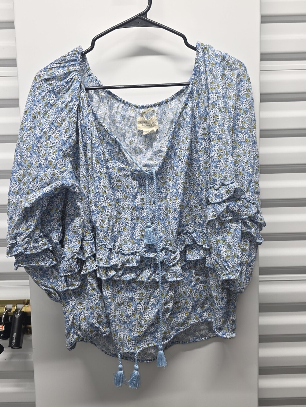 Ralph Lauren Denim Supply Blue Floral Paisley Peasant Blouse Rope Neck Tie Boho